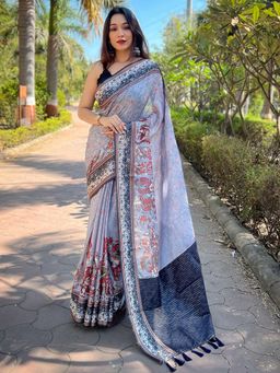 Vastranand - Satin Kota Doria Digital Print In Lavender Saree With Unstitched Blouse