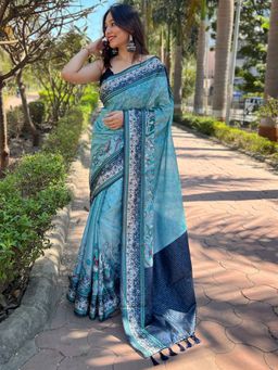 Vastranand - Satin Kota Doria Digital Print In Blue Saree With Unstitched Blouse