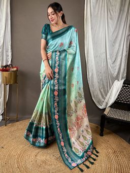 Vastranand - Poppy Blue Kota Satin Border Saree With Unstitched Blouse