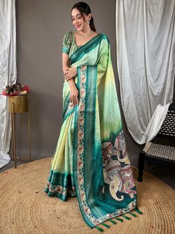 Vastranand - Emerald Green Kota Satin Border Saree With Unstitched Blouse