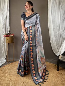 Vastranand - Dove Grey Kota Satin Border Saree With Unstitched Blouse