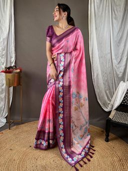 Vastranand - Oriental Lily Pink Kota Satin Border Saree With Unstitched Blouse