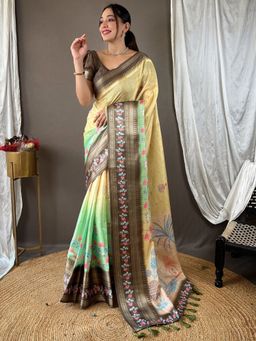 Vastranand - Beige Kota Satin Border Saree With Unstitched Blouse