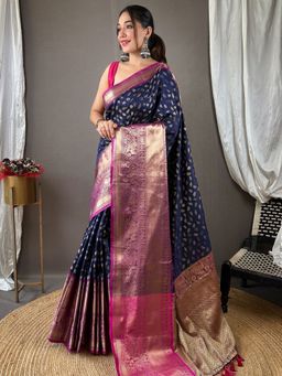Vastranand - Stylish Banarasi Kanchi Navy Blue Saree With Unstitched Blouse