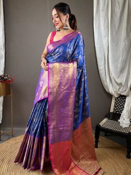 Vastranand - Vibrant Blue Banarasi Saree With Unstitched Blouse