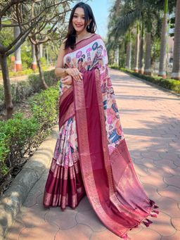 Vastranand - Off White Double Border Chex Weaving Banarasi Soft Silk Saree With Unstitched Blouse