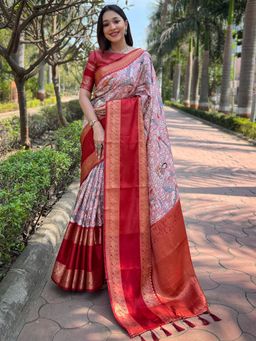 Vastranand - Pink Colour Double Border Chex Weaving Banarasi Soft Silk Saree With Unstitched Blouse