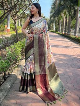 Vastranand - Light Green Double Border Chex Weaving Banarasi Soft Silk Saree With Unstitched Blouse