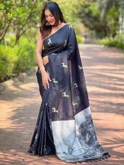 Vastranand - Black Colour Soft Silk Saree With Unstitched Blouse