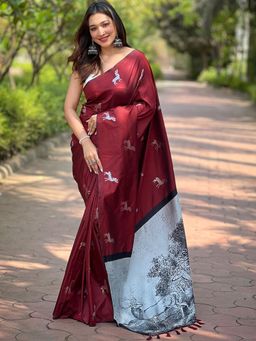 Vastranand - Maroon Colour Soft Silk Saree With Unstitched Blouse