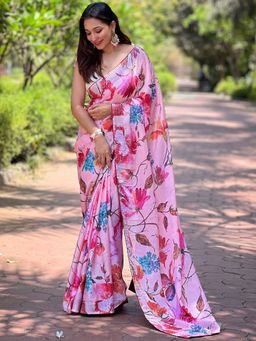 Vastranand - Satin Georgette Peach Colour Floral Digital Print Saree With Unstitched Blouse