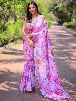 Vastranand - Satin Georgette Pink Colour Floral Digital Print Saree With Unstitched Blouse