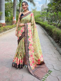 Vastranand - Pista Green Soft Silk Copper Zari Weaving Digital Floral Saree With Unstitched Blouse