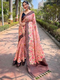 Vastranand - Peach Soft Silk Copper Zari Weaving Digital Floral Saree With Unstitched Blouse
