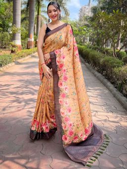 Vastranand - Orange Soft Silk Copper Zari Weaving Digital Floral Saree With Unstitched Blouse