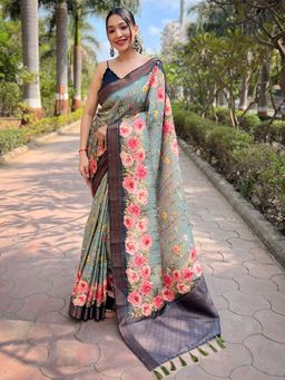 Vastranand - Teal Soft Silk Copper Zari Weaving Digital Floral Saree With Unstitched Blouse
