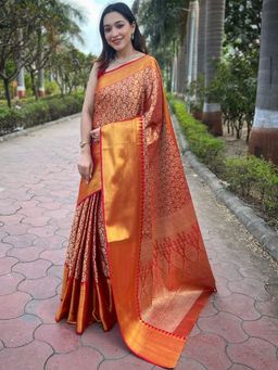 Vastranand - Orange Colour One Gram Gold Tissue Saree With Unstitched Blouse