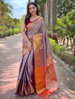 Vastranand - Purple Colour One Gram Gold Tissue Saree With Unstitched Blouse