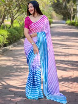 Vastranand - Stylish Satin Georgette Stripes Saree With Unstitched Blouse