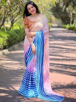Vastranand - Trendy Satin Georgette Stripes Saree With Unstitched Blouse