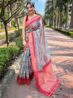 Vastranand - Latest Slob Tussar Silk Mahbubani Printed Saree With Unstitched Blouse