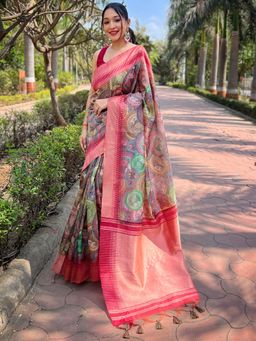 Vastranand - Beautiful Slob Tussar Silk Mahbubani Printed Saree With Unstitched Blouse