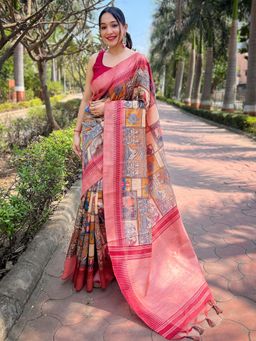 Vastranand - Bollywood Slob Tussar Silk Mahbubani Printed Saree With Unstitched Blouse