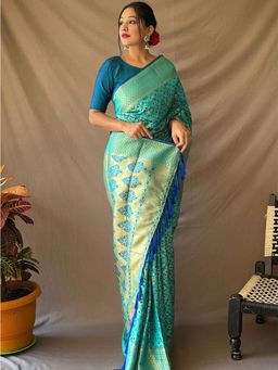 Vastranand - Cerulean Blue Rajkot Patola Silk Zari Woven Saree With Unstitched Blouse