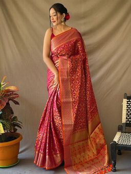 Vastranand - Pink Rajkot Patola Silk Zari Woven Saree With Unstitched Blouse