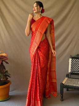 Vastranand - Red Rajkot Patola Silk Zari Woven Saree With Unstitched Blouse