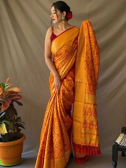 Vastranand - Mustard Rajkot Patola Silk Zari Woven Saree With Unstitched Blouse