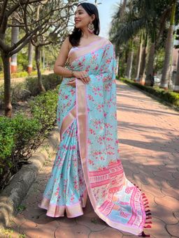 Vastranand - Blue Kota With Digital Floral Printed Saree With Unstitched Blouse