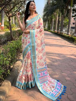 Vastranand - Blue Kota With Digital Floral Printed Saree With Unstitched Blouse