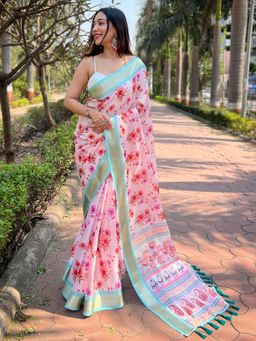 Vastranand - Pink Kota With Digital Floral Printed Saree With Unstitched Blouse
