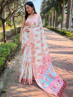 Vastranand - Light Peach Kota With Digital Floral Printed Saree With Unstitched Blouse