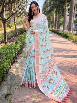 Vastranand - Turquoise Kota With Digital Floral Printed Saree With Unstitched Blouse