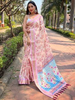 Vastranand - Peach Kota With Digital Floral Printed Saree With Unstitched Blouse