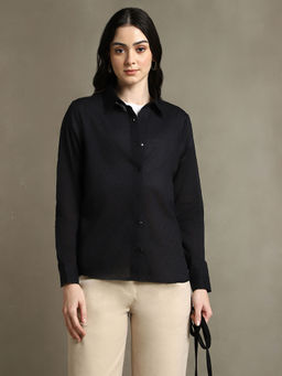 DL WOMAN - Black Solid Textured Spread Collar Full Sleeves Shirt