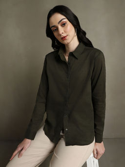 DL WOMAN - Olive Solid Textured Spread Collar Full Sleeves Shirt