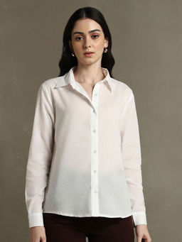 DL WOMAN - White Solid Textured Spread Collar Full Sleeves Shirt