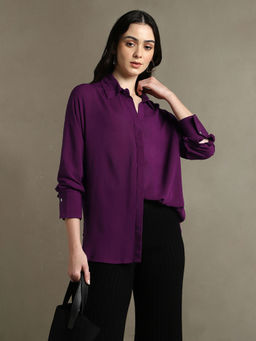 DL WOMAN - Purple Solid Spread Collar Full Sleeves Oversized Shirt