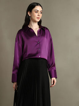 DL WOMAN - Purple Solid Spread Collar Full Sleeves Relaxed Fit Shirt