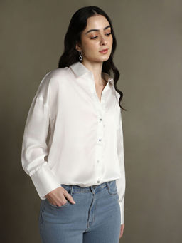 DL WOMAN - White Solid Spread Collar Full Sleeves Relaxed Fit Shirt