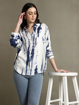 DL WOMAN - Blue Printed Spread Collar Full Sleeves Oversized Shirt