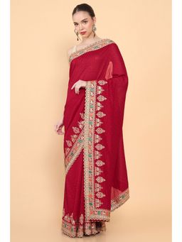 Soch - Women Red Cotton Silk Solid/Plain Saree with Unstitched Blouse