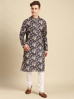 Sanwara - Mens Cotton Floral Printed Dark Blue Color Kurta with Churidar (Set of 2)