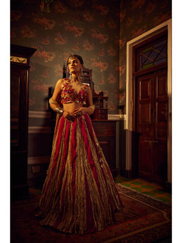 Etasha by Asha Jain - Gold Fuschia Textured Flared Lehenga with Blouse and Dupatta (Set of 3)