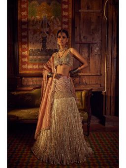 Etasha by Asha Jain - Pink Embellished Mirror Blouse with Lehenga and Dupatta (Set of 3)