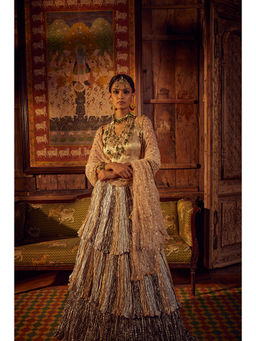 Etasha by Asha Jain - Silver Lehenga with Blouse and Embellished Dupatta (Set of 3)