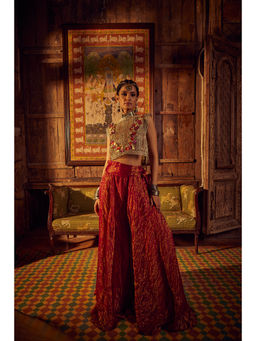 Etasha by Asha Jain - Embellished Crop Top with A Gold Striped Flared Palazzo (Set of 2)